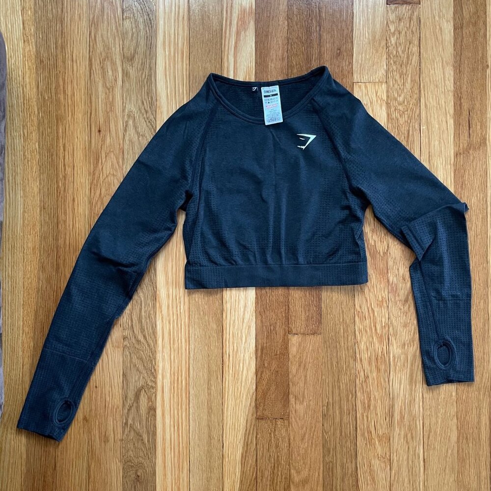 Gymshark Vital Seamless 2.0 Long sleeve Crop Top, Black Marl, Size M